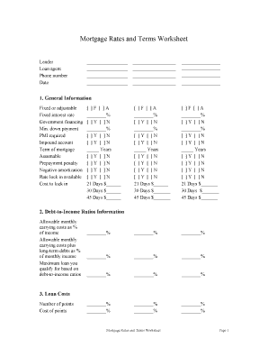 Mortgage Rates and Terms Worksheet