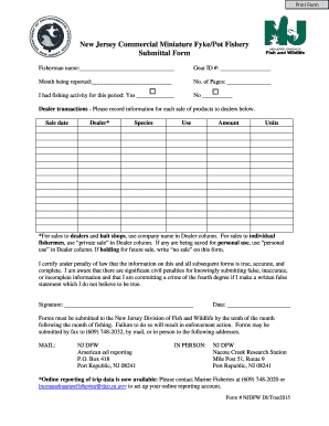 New Jersey Commercial Miniature Fyke/Pot Fishery Submittal Form