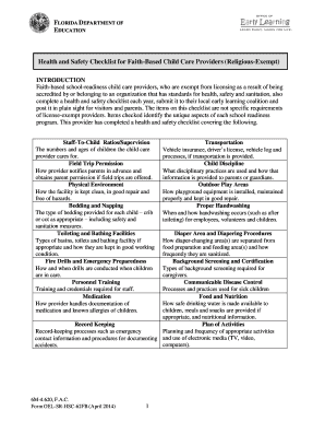 Florida Health and Safety Checklist for Faith-Based Child Care Providers