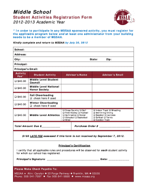 Middle School Student Activities Registration Form