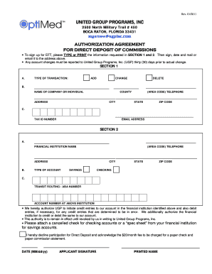 Authorization Agreement for Direct Deposit of Commissions