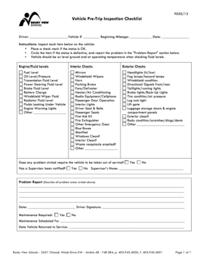 P02013 Vehicle Pre-Trip Inspection Checklist - rockyview ab