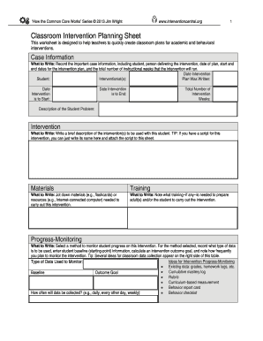 Classroom Intervention Planning Sheet