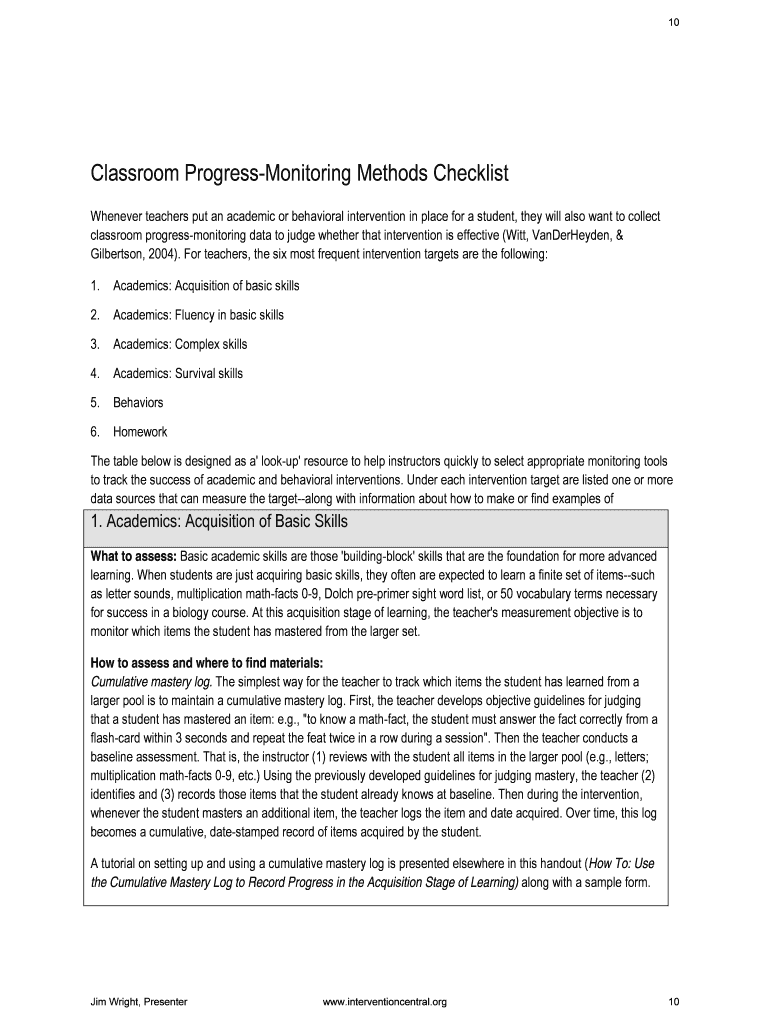 Fillable Online Classroom ProgressMonitoring Methods Checklist Fax