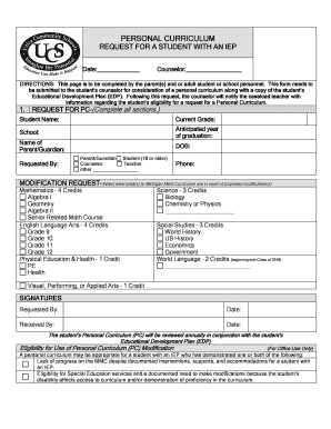 Request for Personal Curriculum for IEP Students