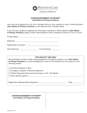 Acknowledgement of Receipt for Joint Notice of Privacy Practices