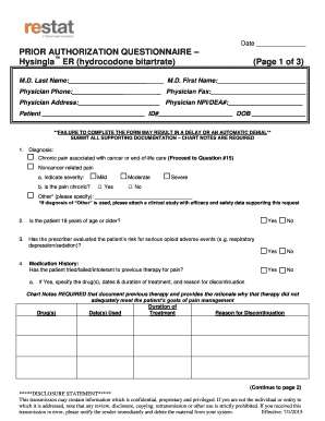 PRIOR AUTHORIZATION QUESTIONNAIRE Hysingla ER