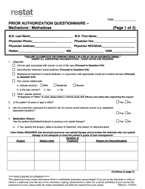 Prior Authorization Questionnaire for Methadone