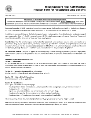 Texas Standard Prior Authorization Request Form for Prescription Drug Benefits