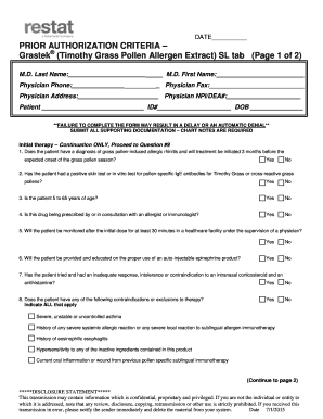 Prior Authorization Form for Grastek