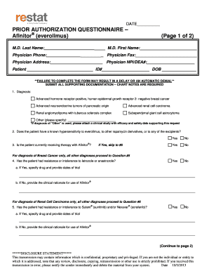 Prior Authorization Questionnaire for Afinitor