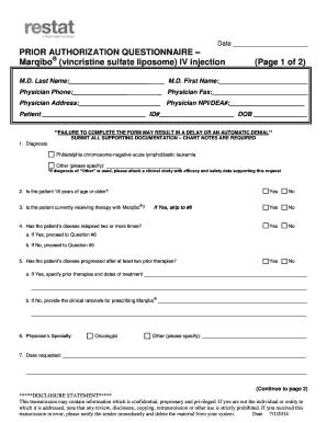 Prior Authorization Questionnaire for Marqibo