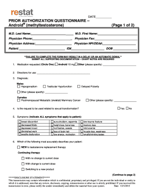 Prior Authorization Questionnaire for Android (Methyltestosterone)