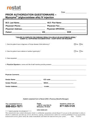 Prior Authorization Questionnaire for Myozyme