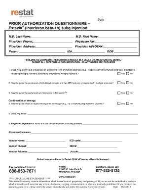 Prior Authorization Questionnaire for Extavia