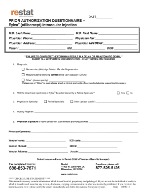 Prior Authorization Questionnaire for Eylea Injection