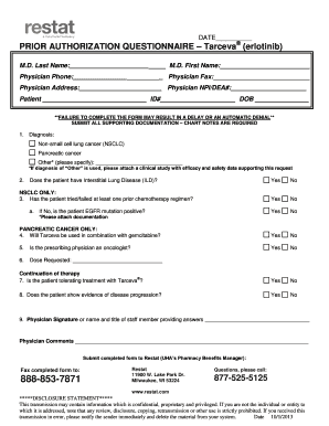 Prior Authorization Questionnaire for Tarceva