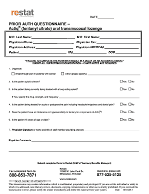 Actiq Prior Authorization Questionnaire
