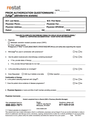 Prior Authorization Questionnaire for Zytiga