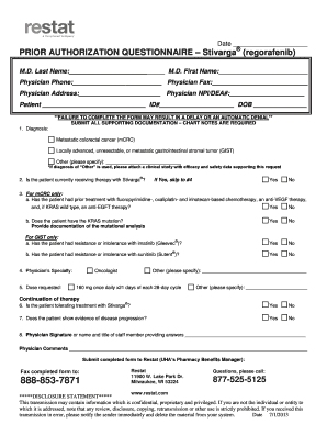 Prior Authorization Questionnaire for Stivarga
