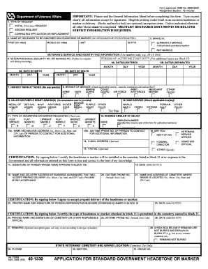 US VA Form 40-1330 Application for Standard Government Headstone or Marker