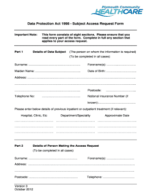Data Protection Act 1998 Subject Access Request Form