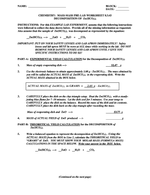 Chemistry Mass-Mass Pre-Lab Worksheet