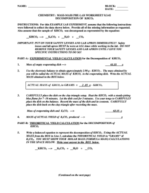 Chemistry Mass-Mass Pre-Lab Worksheet