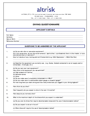 Diving Questionnaire Application Form