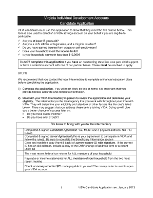 Virginia Individual Development Accounts Candidate Application