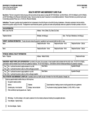 Wisconsin Health History and Emergency Care Plan
