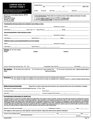 Camper Health History Form
