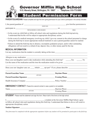 Governor Mifflin High School Student Permission Form