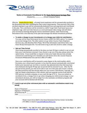 Notice of Automatic Enrollment in Oasis Retirement Savings Plan