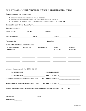 ATV Golf Cart Property Owner Registration Form