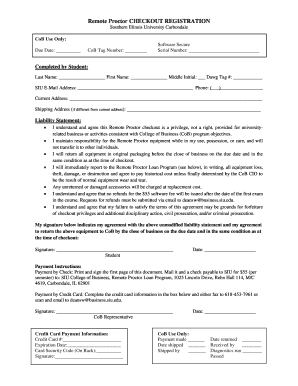 Remote Proctor CHECKOUT REGISTRATION Southern Illinois University Carbondale CoB Use Only: Due Date: CoB Tag Number: Software Secure Serial Number: Completed by Student: Last Name: First Name: Middle Initial: Dawg Tag #: SIU EMail Address: