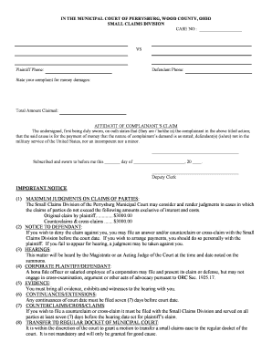 Ohio Small Claims Complaint Form