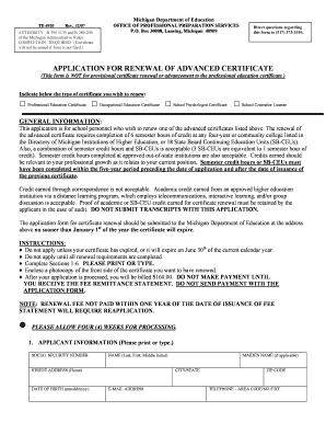 Michigan Advanced Certificate Renewal Application