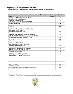 Algebra 1 Assignment Sheet