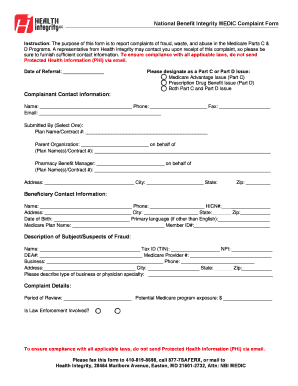 National Benefit Integrity MEDIC Complaint Form