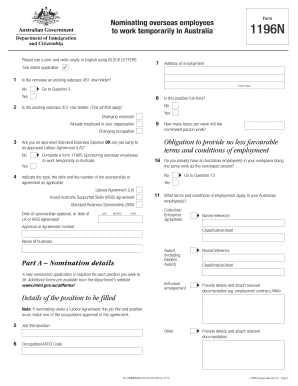 Australia Temporary Work Visa Nomination Form 1196N