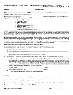 SRVUSD Student Activity Trip Permission Form