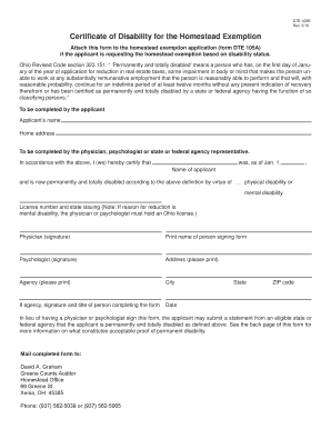 2/16 Certicate of Disability for the Homestead Exemption Attach this form to the homestead exemption application (form DTE 105A) if the applicant is requesting the homestead exemption based on disability status