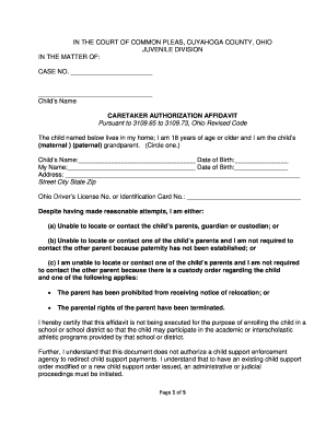 Ohio Caretaker Authorization Affidavit