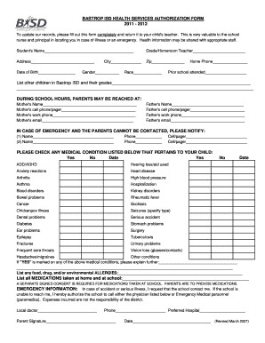 Bastrop ISD Health Services Authorization Form