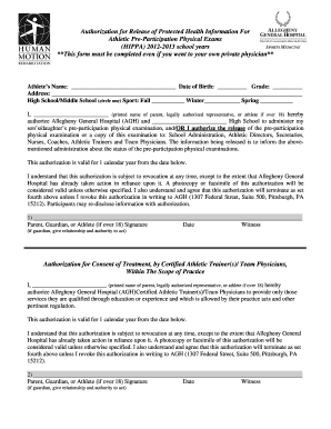 Authorization for Release of Protected Health Information for Athletic Pre-Participation Physical Exams