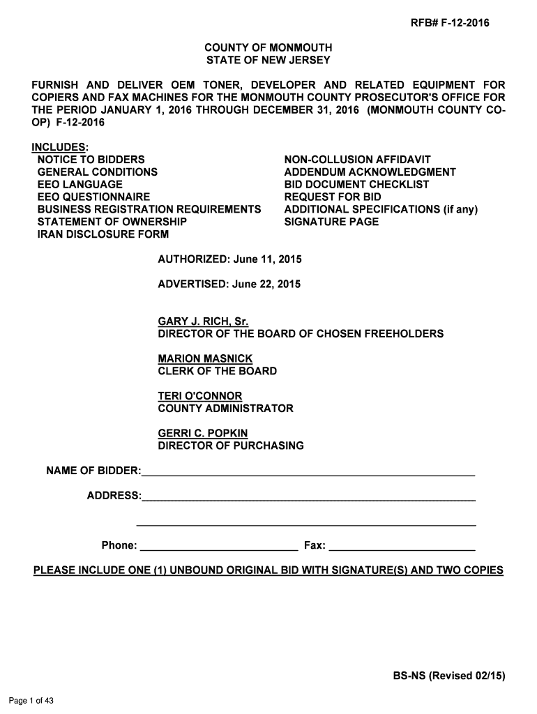RFB# F122016 COUNTY OF MONMOUTH STATE OF NEW JERSEY FURNISH AND DELIVER OEM TONER, DEVELOPER AND REL Preview on Page 1