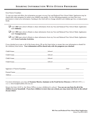 MA Free and Reduced Price School Meal Application