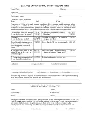 San Jose Unified School District Medical Form