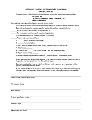 Certificate for State or Nonprofit Educational Organization Use